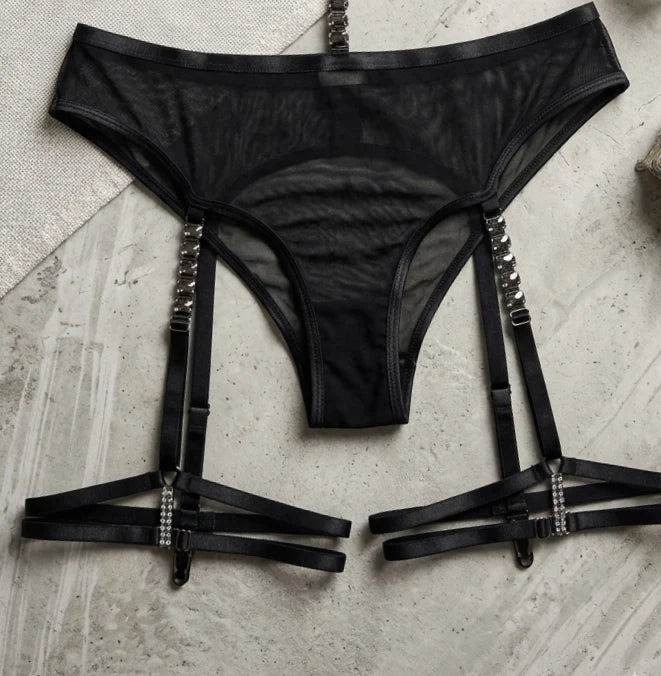 Strappy Mesh Lingerie & Garter Set – Onyx Noir