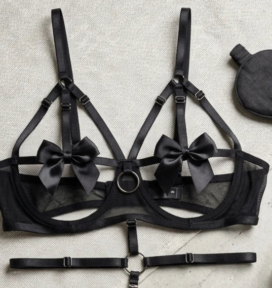 Strappy Mesh Lingerie & Garter Set – Onyx Noir