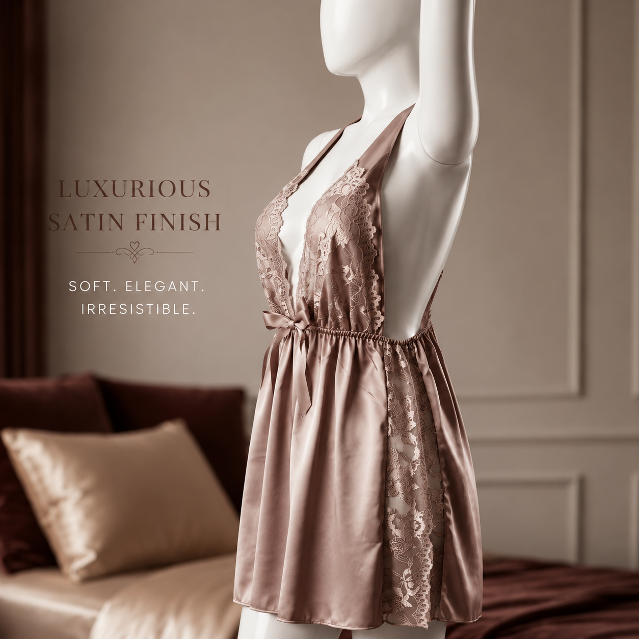 Seraphina Backless Satin & Lace Chemise – Champagne Gold