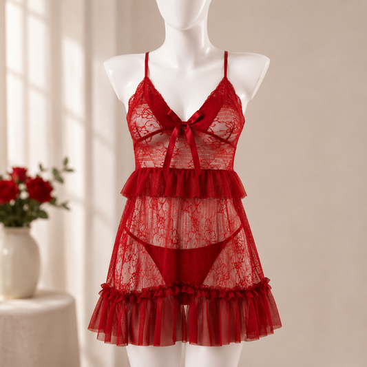 Amour Floral Lace Nightdress – Crimson Red
