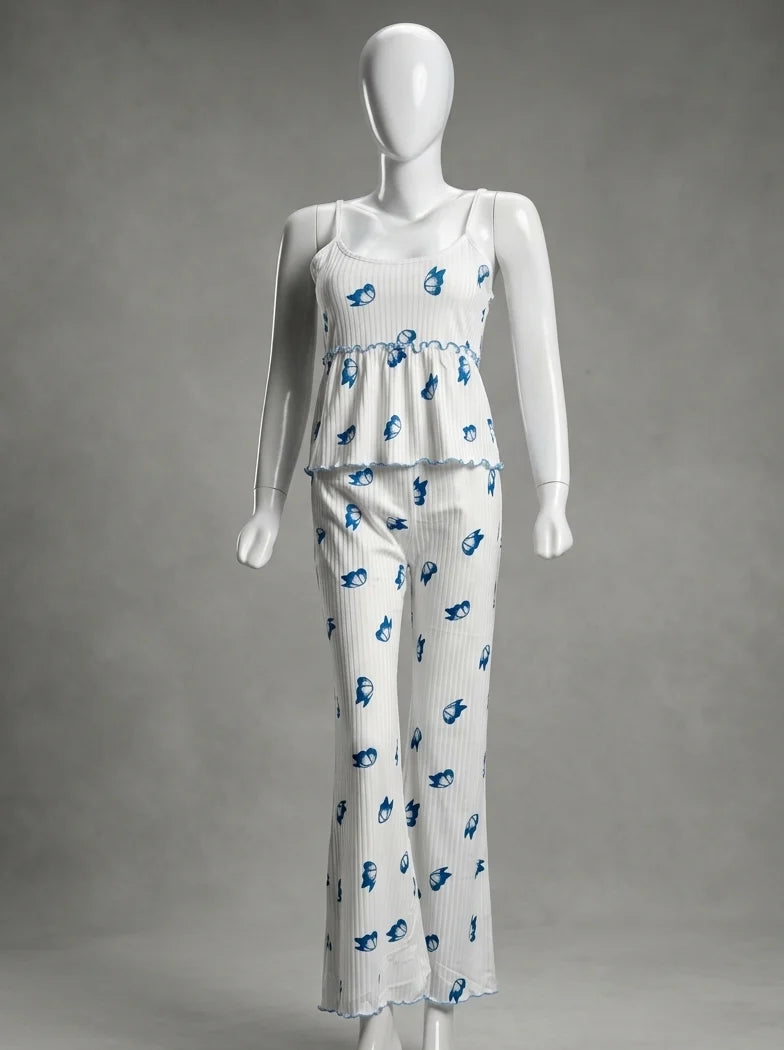 Papillon Ribbed Pajama Set 2 pieces – Ivory & Royal Blue