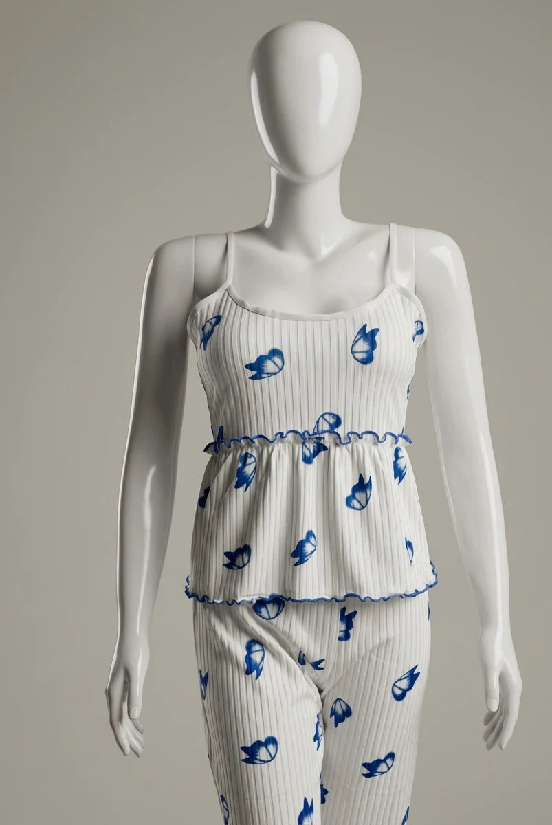 Papillon Ribbed Pajama Set 2 pieces – Ivory & Royal Blue