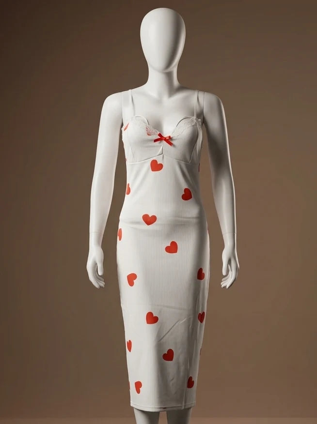 Heart Print Lace-Trim Nightdress
